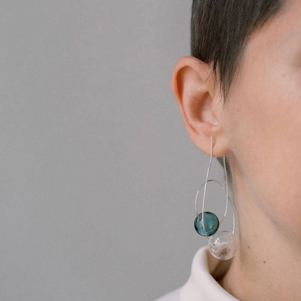 Statement glass and silver earrings, unique hoop earrings