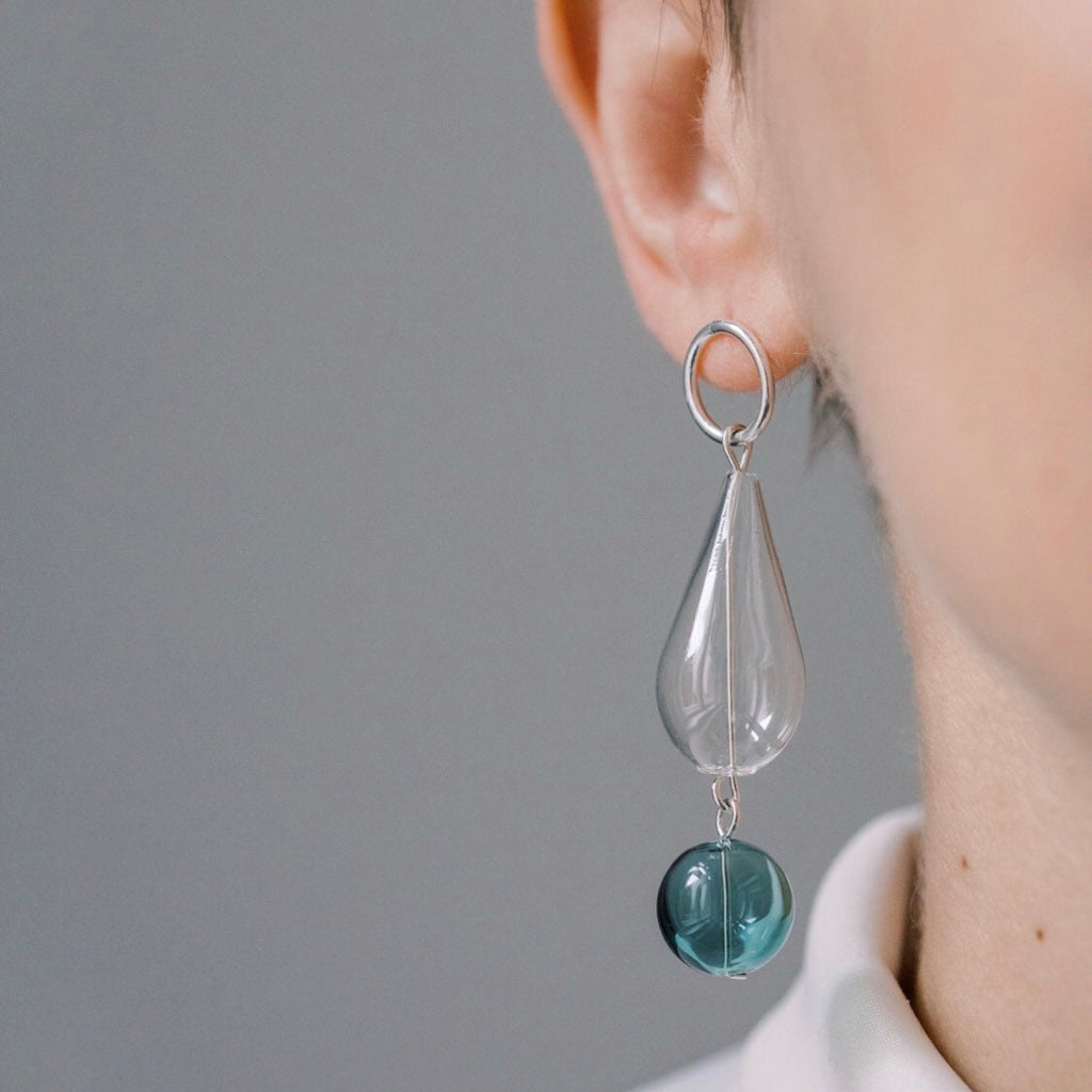 Statement glass and silver earrings, unique handmade mismatch earrings