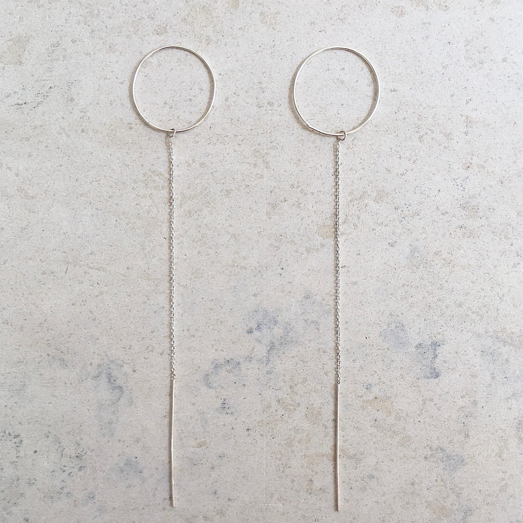 Long geometric silver earrings, minimalist threader earrings