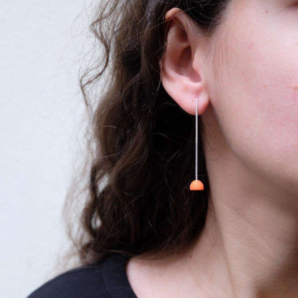 Unique earrings , statement  thin silver earrings, ceramic bead earrings